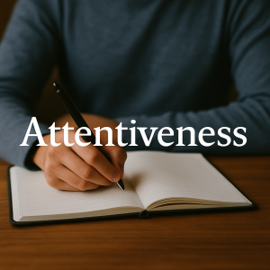 The word Attentiveness printed in White in the foreground. The background is a still image of a man in shirt with long dark grey sleeves writing on a book